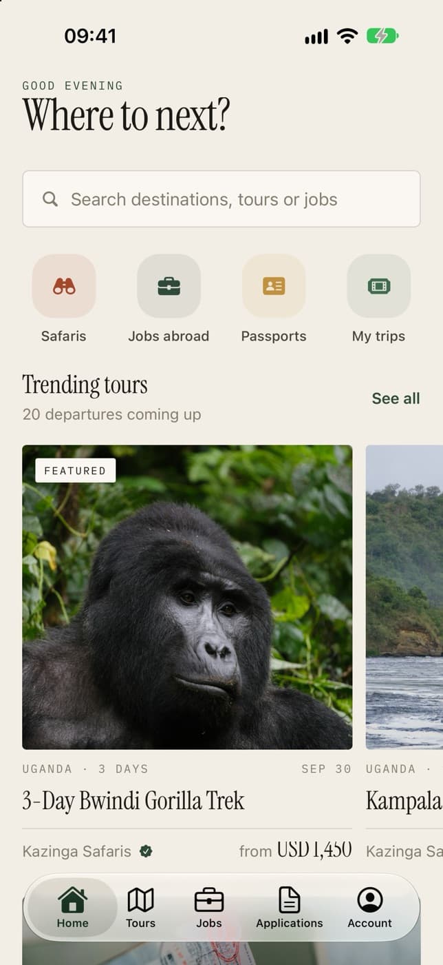 The app's home: trending tours, jobs abroad and passports